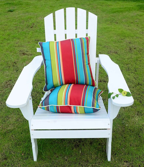 Two Outdoor Throw Pillows 18x18 With Cover And Inserts Included Striped Water Resistant Cushions on white patio chair