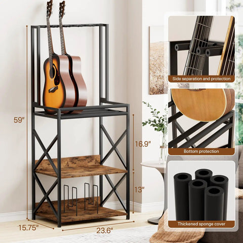 Show Off Your Sweet Guitar Collection With This Super Cool 3 Tier Music Stand, featuring two guitars on a sturdy metal frame.