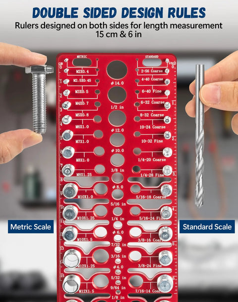 57 Nut and Bolt Thread Checker gauge, red double-sided metric and standard scales; bolt and drill bit shown.