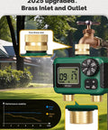 Two Zone Sprinkler Timer With Brass Inlet And Outlet, Programmable Irrigation Controller with garden background