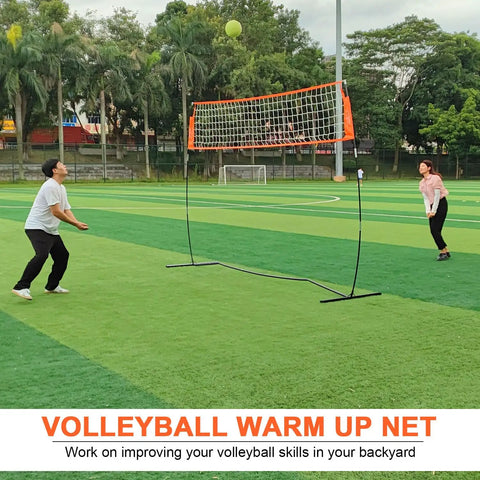 Portable 12ft Volleyball Training Net for hitting and serving drills, freestanding indoor outdoor practice net with players on a field.