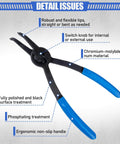 Front view of Pro Grade 12 Piece Snap Ring Pliers Set with ergonomic blue handle and robust switch knob for auto repair use.