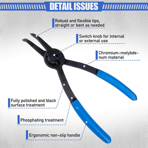 Front view of Pro Grade 12 Piece Snap Ring Pliers Set with ergonomic blue handle and robust switch knob for auto repair use.
