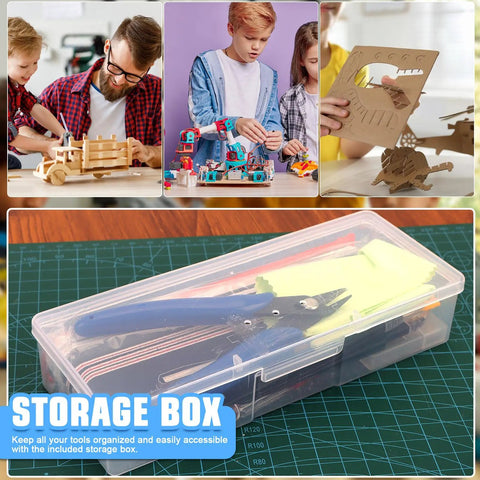 Children building models with 25-Piece Model Building Tools Kit For Hobbyists And DIY Enthusiasts, storage box visible on cutting mat.
