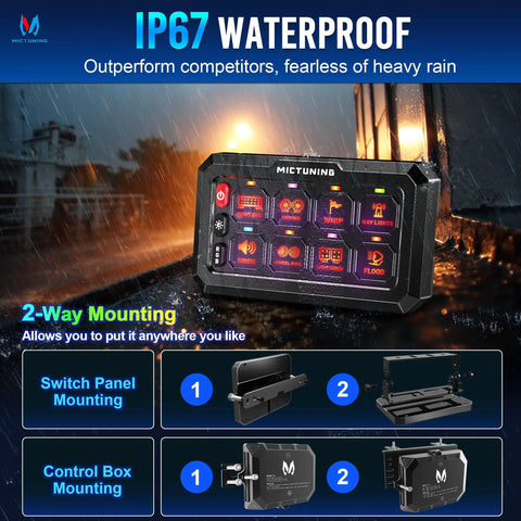 RGB 8 Gang Switch Panel IP67 Waterproof LED Control Box For Cars Boats RVs with mounting options shown