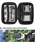 Open hard case showing 16 In 1 Bicycle Multitool Kit For On The Go Mountain Bike Maintenance Includes Hex Key Wrench Set Tube Patch Kit