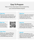Universal Wireless Garage Door Opener Keypad setup steps with QR code and programming instructions