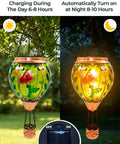 Glass Hot Air Balloon Solar Lantern With Flame Hand Painted Artwork Realistic Flickering Flame Hummingbird Accent Rustproof Metal Outdoor Solar Light For Garden Or Yard Easy Setup And Eco Friendly, showing day and night operation.