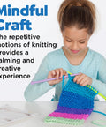 Girl knitting colorful scarf with Learn To Knit Pocket Scarf Kit For Beginners, Easy DIY Knitting Craft For Kids 9 Plus.