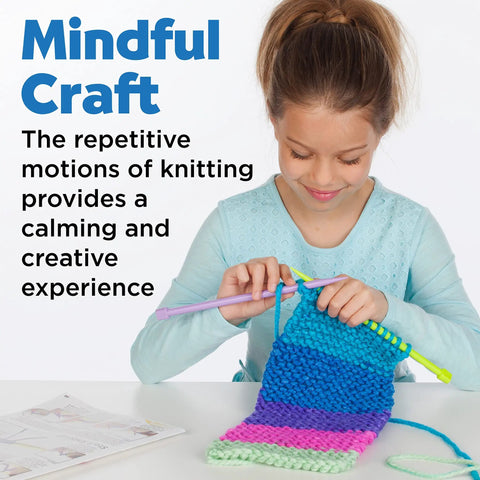 Girl knitting colorful scarf with Learn To Knit Pocket Scarf Kit For Beginners, Easy DIY Knitting Craft For Kids 9 Plus.