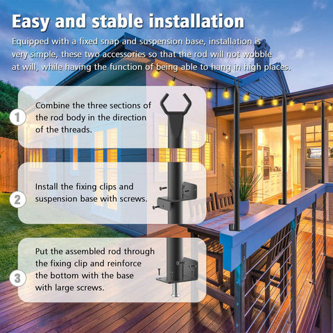 Easy installation steps for 4 Ft Outdoor String Light Poles, 2 Pack, Freestanding Deck Patio Hanging Poles
