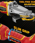 Flathead Angle Grinder For Tight Spaces With DeWalt 20V Battery Compatibility, tool-free guard adjustment, slim grip feature.