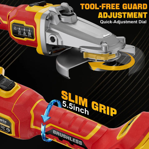 Flathead Angle Grinder For Tight Spaces With DeWalt 20V Battery Compatibility, tool-free guard adjustment, slim grip feature.