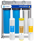 Hella Good On Demand Tankless Water Heater Paired With A Three Stage Whole House Filtration System For Heavy Metal Removal Total Space Saving Setup Built Right, featuring blue and white filter cartridges.