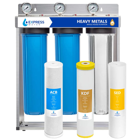 Hella Good On Demand Tankless Water Heater Paired With A Three Stage Whole House Filtration System For Heavy Metal Removal Total Space Saving Setup Built Right, featuring blue and white filter cartridges.