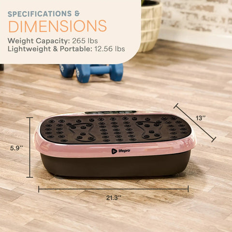 HexaPlate Lite Vibration Plate For Full Body Toning And Recovery With Lymphatic Drainage, rose gold, compact size and dimensions shown