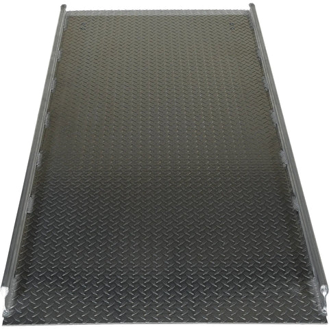 800 Lb Capacity Aluminum Dock Board For Hand Trucks Lightweight Bridge Plate With Beveled Edges Skid Proof Tread Locking Legs on a dock.