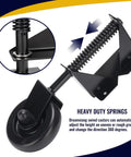Close-up of Spring-Loaded Gate Caster Kit for Wooden and PVC Fences showing 4.3-inch black caster with heavy-duty spring and swivel.