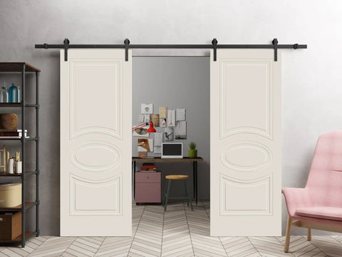Diy Friendly Double Barn Door Set 84 By 96 Inches Creamy Painted Solid Panel Interior Doors With 13 Foot Rail Track Kit in living room