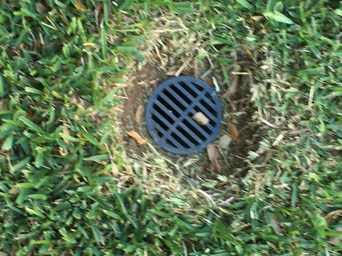 4 Inch Plastic Round Drainage Grate Cover No Fuss Debris Guard installed in lawn keeping junk out