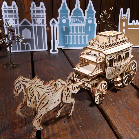 Wooden Stagecoach 3D Puzzle Construction Kit With Self Moving Gears Openable Cabin Doors And Detailed Mechanical Fun For Builders Of All Ages Perfect STEM Toy For Curious Kiddos And Grownups Who Love Hands On Gear Puzzles. wooden stagecoach with horse team