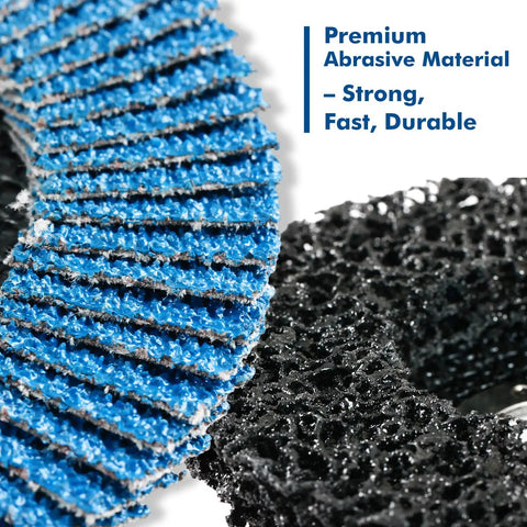 Pro Grade Metal Prep Kit for Angle Grinder With 25 Pack Strip and Flap Disc Set close-up of blue flap disc and black strip disc