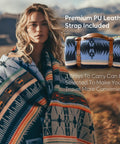Woman wrapped in a colorful 100 Percent Virgin Wool Blanket 62 By 86 Inches Warm Thick And Washable with included PU leather strap.