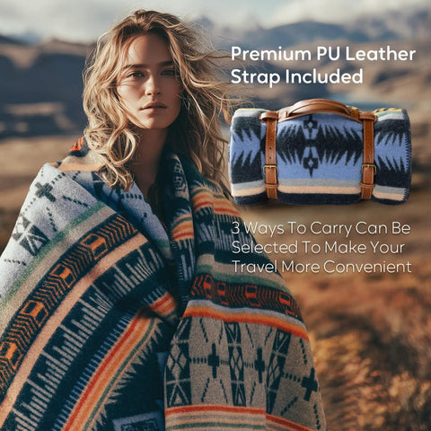 Woman wrapped in a colorful 100 Percent Virgin Wool Blanket 62 By 86 Inches Warm Thick And Washable with included PU leather strap.
