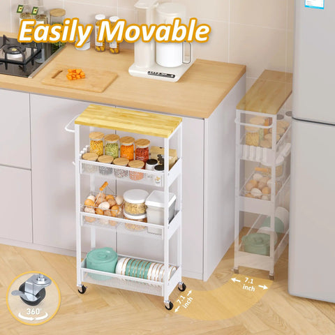 7.1 Inch Wide Slim Rolling Storage Cart On Wheels With Four Tiers, Narrow Metal Utility Cart With Handle And Wood Top in kitchen