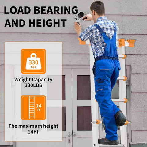 14Ft Multi Position Ladder With 4 Steps A Frame Folding Design Anti Slip Workhorse Aluminum Telescopic Ladder With Removable Tool Tray 330 Lb Load Capacity Ideal For Indoor Outdoor Stairs Roof Garage used by worker on wall repair