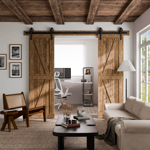 Heavy Duty Sliding Barn Door Hardware Kit 13ft Double Rail Track System Carbon Steel With Frosted Black Finish installed in living room