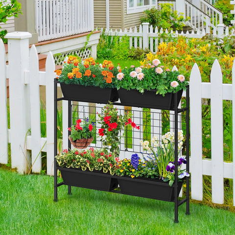32 Inch Tall Elevated Raised Garden Bed With Trellis And Sturdy Legs For Vertical Outdoor Gardening Of Vegetables Herbs And Flowers In Four Separate Planter Boxes For Balcony Patio Or Backyard Black