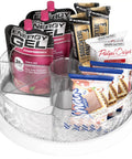 12 Inch Lazy Susan Turntable with removable bins holding snacks and sauces, clear dividers, ideal kitchen organizer for spices, sauces.