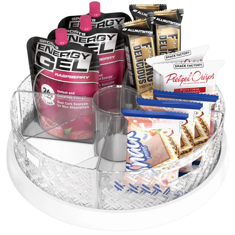 12 Inch Lazy Susan Turntable with removable bins holding snacks and sauces, clear dividers, ideal kitchen organizer for spices, sauces.