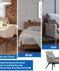 Image of dining area, bedroom, and living room with heavy duty four point seven inch square furniture sliders pack of 8 for carpet glide smoothly move heavy tables, beds, sofas, protecting surfaces.