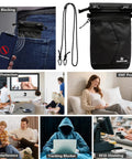 Faraday Bag For Phone And Key Fob shown in various scenarios including signal blocking, data protection, and RFID shielding.