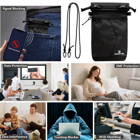 Faraday Bag For Phone And Key Fob shown in various scenarios including signal blocking, data protection, and RFID shielding.