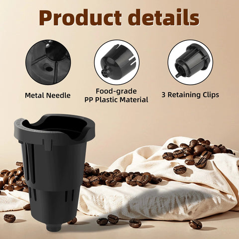 Front view of black K-Cup pod holder replacement for Keurig; metal needle, food-grade PP plastic, and 3 retaining clips.