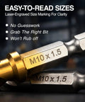 Close-up of laser-engraved M10 x 1.5 size markings on 13 Piece HSS Titanium Coated Drill Tap Bit Set For Drilling Tapping And Countersinking SAE And Metric Pro Grade Do It All 3 In 1 Bits With One Quarter Inch Hex Shank And Quick Change Adapter Includes Storage Case For Metal And Wood.