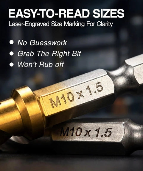 Close-up of laser-engraved M10 x 1.5 size markings on 13 Piece HSS Titanium Coated Drill Tap Bit Set For Drilling Tapping And Countersinking SAE And Metric Pro Grade Do It All 3 In 1 Bits With One Quarter Inch Hex Shank And Quick Change Adapter Includes Storage Case For Metal And Wood.