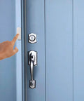Direct Wire White Doorbell Push Button Replacement For 24V Systems DIY Install With Mounting Hardware And Instructions Fix Broken Doorbell Button Today displayed next to a blue door with finger pressing.