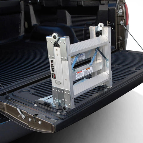 Truck Pal Tailgate Ladder For Pickup Trucks Lightweight Aluminum Access Step Supports Up To 300 Lb Duty Rating Fits Open Tailgates Up To 38 Inches Safe Quick Bed Access And Self Storage Convenience, folded on pickup tailgate
