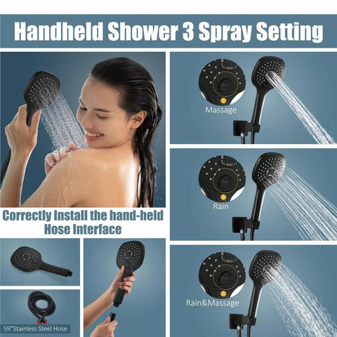 Ceiling Mount Shower System With 10 Inch Matte Black Rain Shower Head And ABS Handheld Spray, showing 3 spray settings