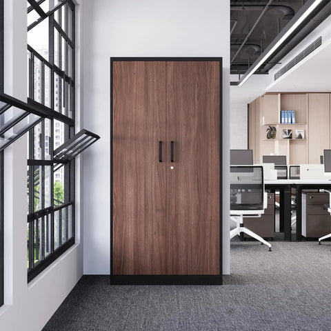 Front view of 72 Inch Steel Locker Cabinet With Locking Doors For Office Home School Gym Hotel And More Wood Grain Finish Boss Level Heavy Duty Metal Storage Cabinet 72 x 36 x 18 Inches Moisture Proof Rust Resistant.