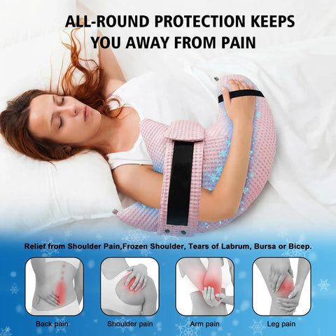 Woman sleeping with Cooling Shoulder Surgery Pillow With Ergonomic Design For Postop Relief Side Sleeper Support Rotator Cuff Pain Relief