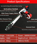 Powerful 5800W 6500W Electric Concrete Saw With Water Fed Dust Suppression And Two Diamond Chains Plus Guide Bar for precise cutting specs.