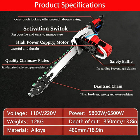 Powerful 5800W 6500W Electric Concrete Saw With Water Fed Dust Suppression And Two Diamond Chains Plus Guide Bar for precise cutting specs.