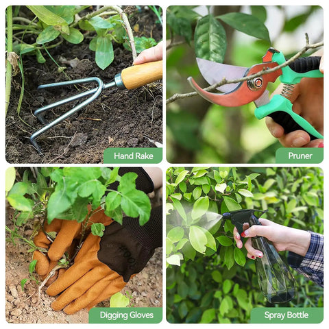 9-Piece Heavy Duty Garden Hand Tools Set with Rust-Proof Stainless Steel Tools and Cool Organizer Tote tools in use