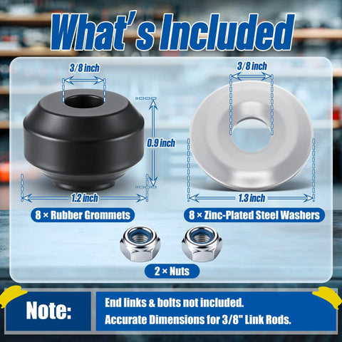 Universal 3/8 Inch Sway Bar End Link Bushing Repair Kit For Cars, Trucks, And SUVs Stop Clunks, Tighten Steering, Easy DIY Suspension Refresh With Durable End Link Bushings showing 8 grommets, washers, and nuts