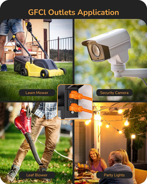 Built Tough Black Motion Sensor Outdoor Wall Light With Dusk Till Dawn Auto Sense And Built In Two Electrical Outlets for yard gear use with GFCI applications.